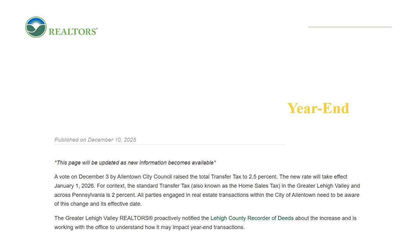 Allentown Transfer Tax Increase: What REALTORS® Need to Do Before Year-End - Greater Lehigh Valley Realtors